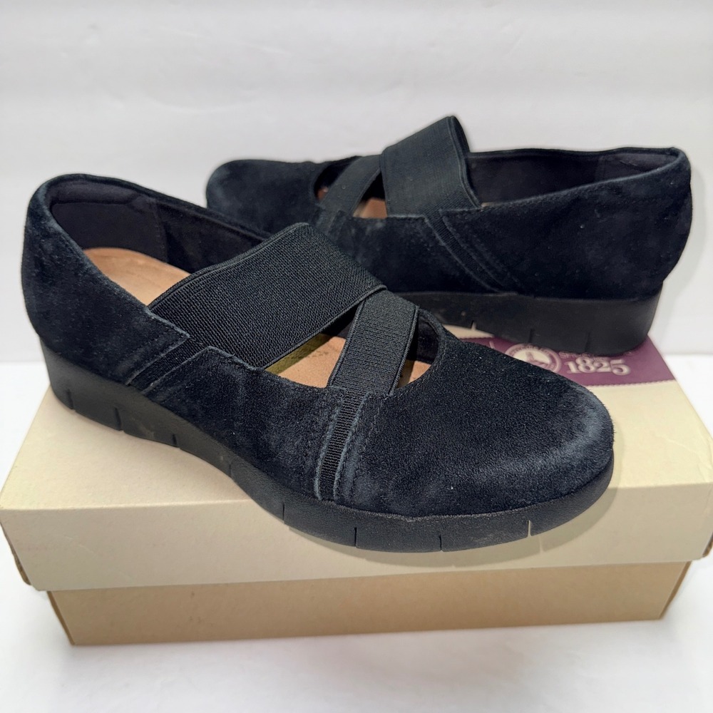 Clarks Daelyn Villa Black Suede Elastic Strap Wedge‎ Loafers 26102697 Womens 6M